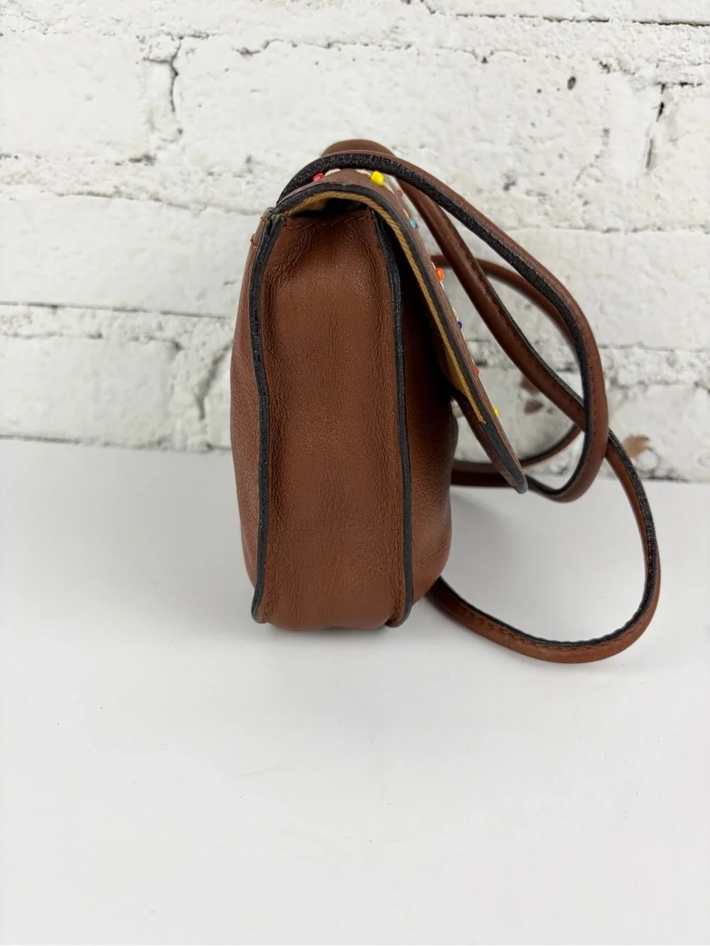 Fossil Brown Leather Mini Beaded Flap Crossbody Shoulder Bag VTG